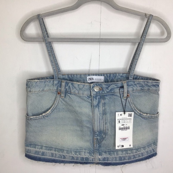 Zara denim up-cycled look raw hem spaghetti strap cotton cropped top Small NWT - Picture 2 of 7